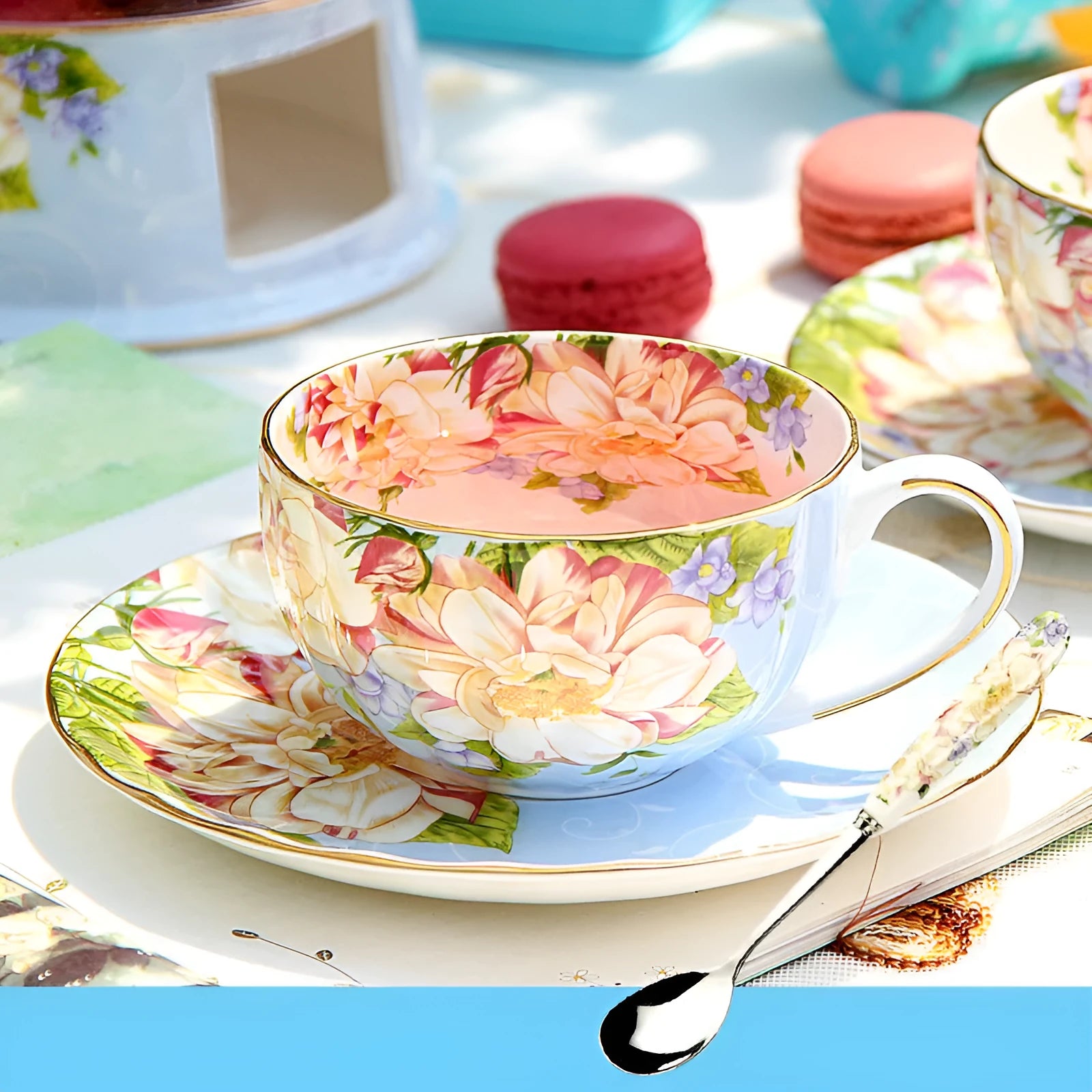 European porcelain coffee cup and saucer set with pastoral style pattern in assorted colours