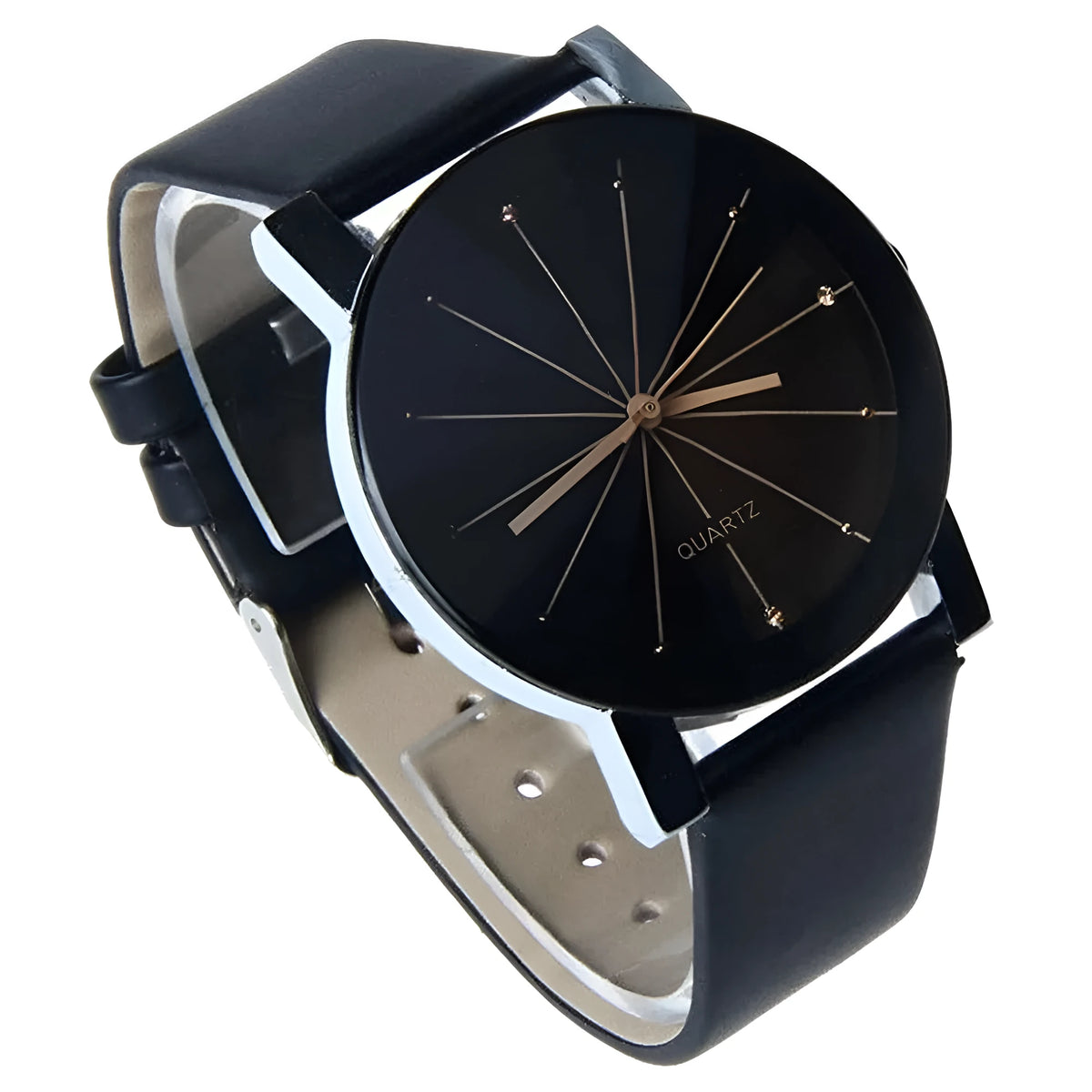 Black convex meridian belt watch with alloy case, PU leather band, glass dial, and analog display