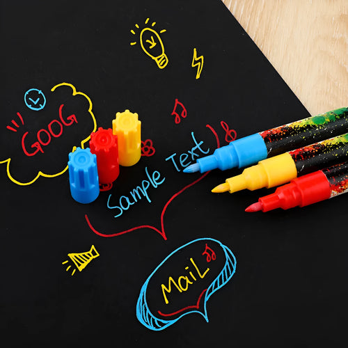 Set of six colourful acrylic marker pens with 0.7mm nibs in a plastic storage box.