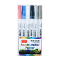Set of six colourful acrylic marker pens with 0.7mm nibs in a plastic storage box.