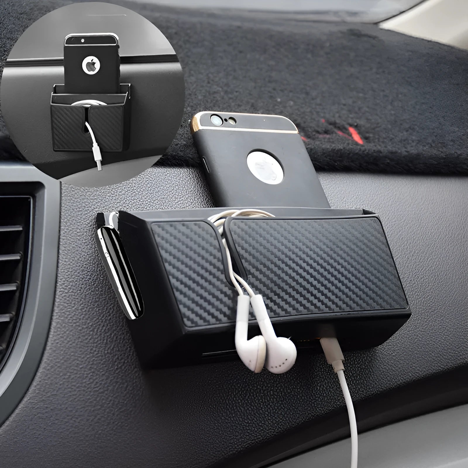 Black PVC carbon fibre pattern phone storage box with reusable adhesive on a car seat surface