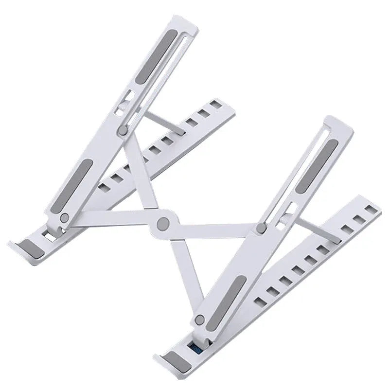 Black portable desktop cooling base with a 10-position folding bracket shown in open and closed positions