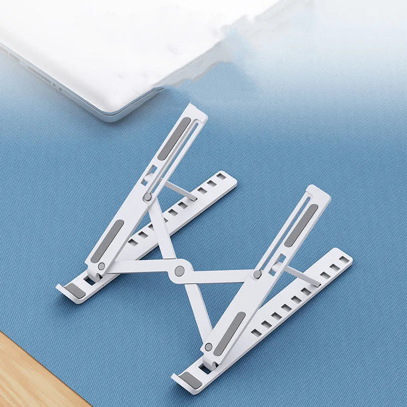 Black portable desktop cooling base with a 10-position folding bracket shown in open and closed positions