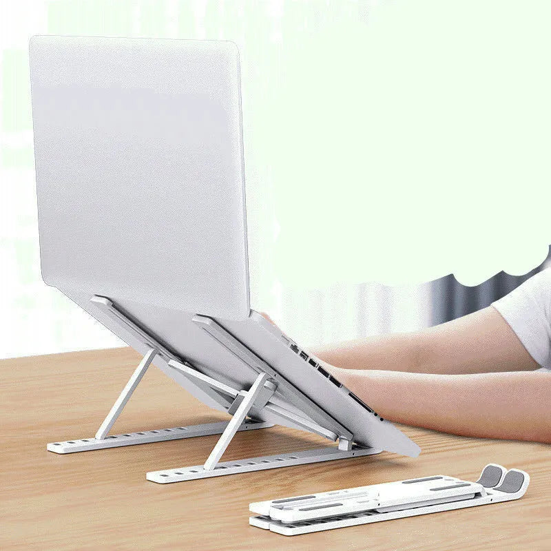 Black portable desktop cooling base with a 10-position folding bracket shown in open and closed positions