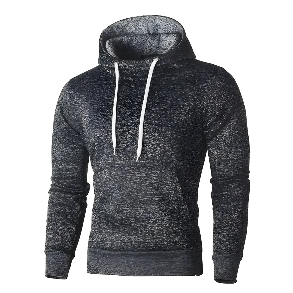 Mens dark grey rabbit fur hooded sweatshirt with character pattern from front view