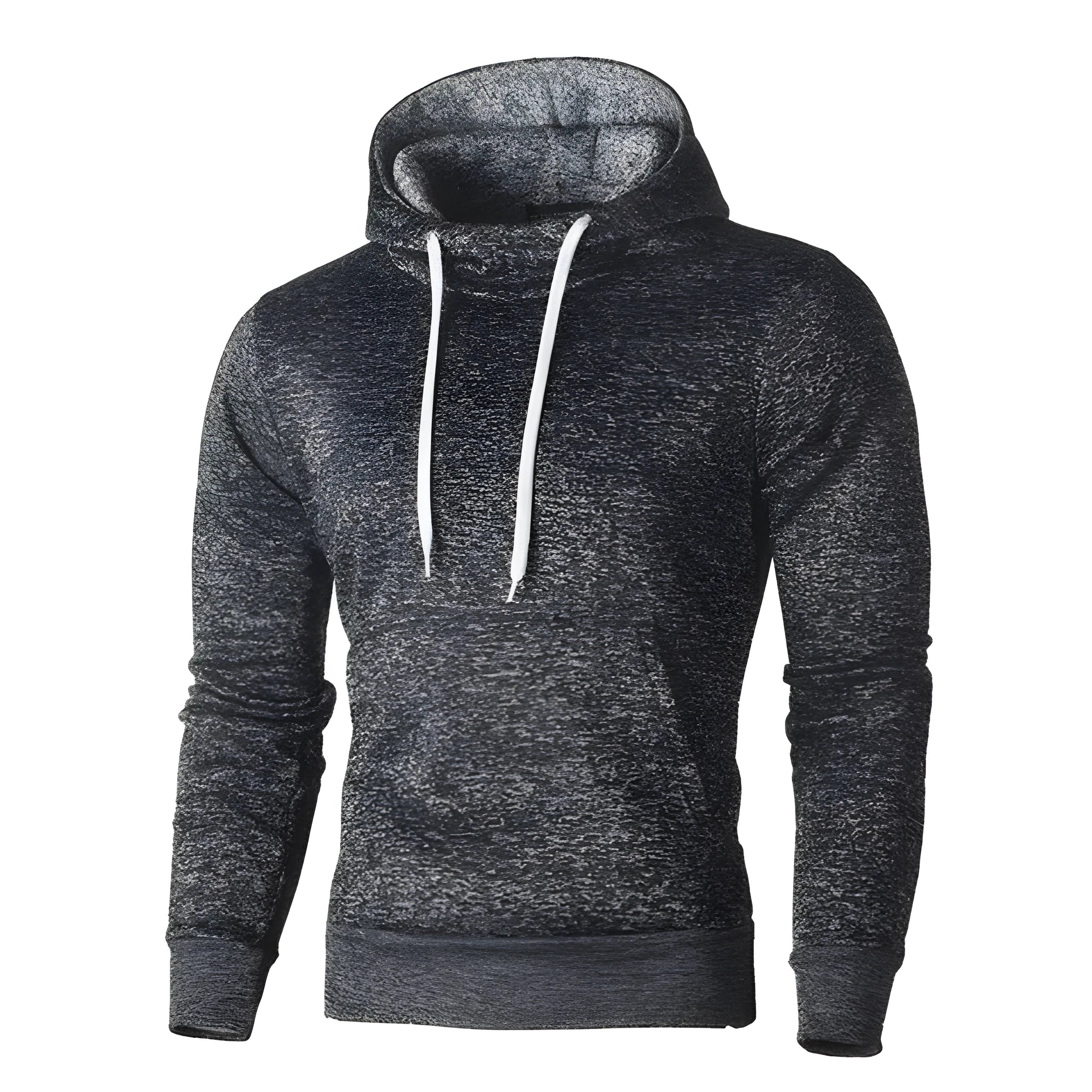 Mens dark grey rabbit fur hooded sweatshirt with character pattern from front view