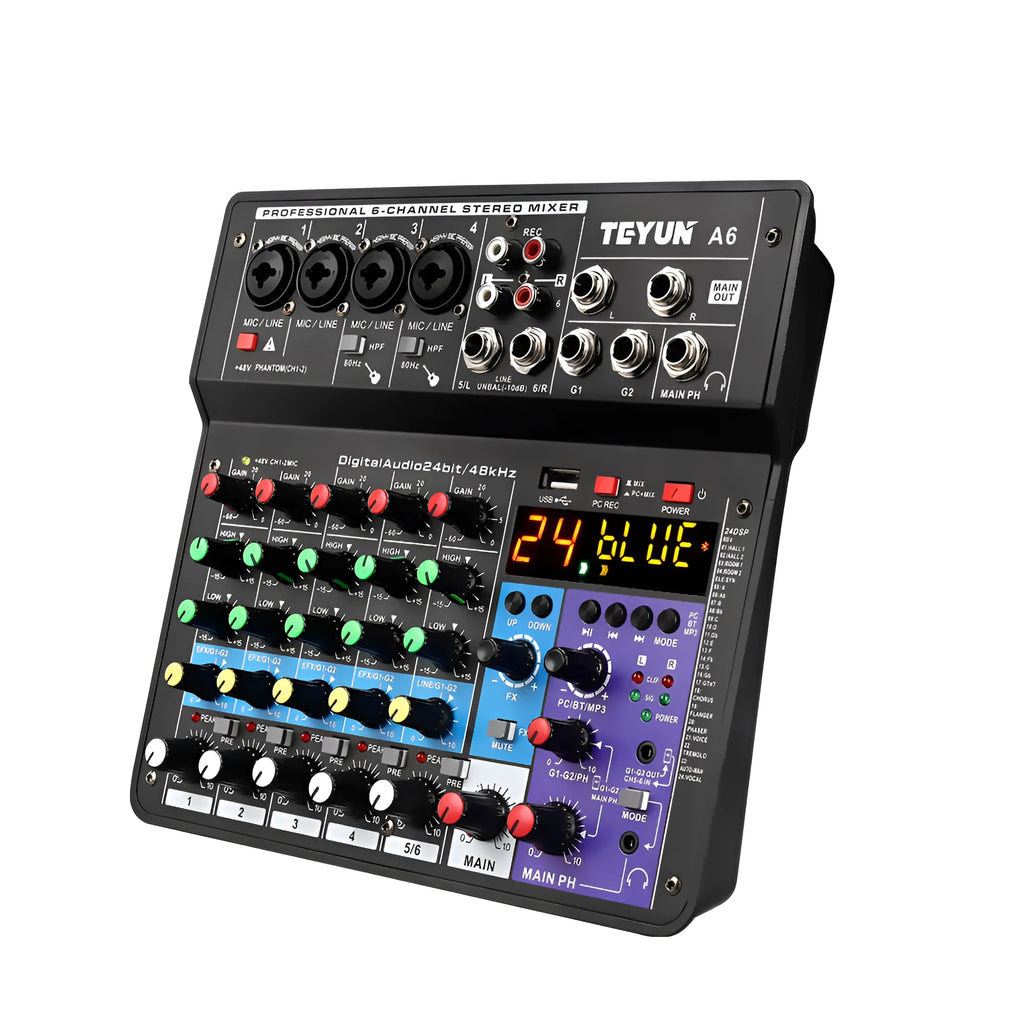 Black metal and ABS Bluetooth sound card mixer with 4 mic inputs, USB audio and phantom power