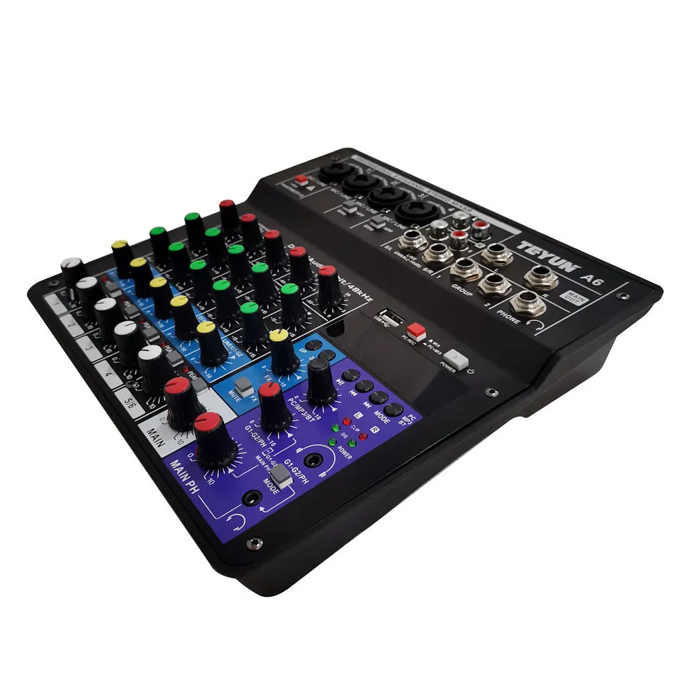Black metal and ABS Bluetooth sound card mixer with 4 mic inputs, USB audio and phantom power