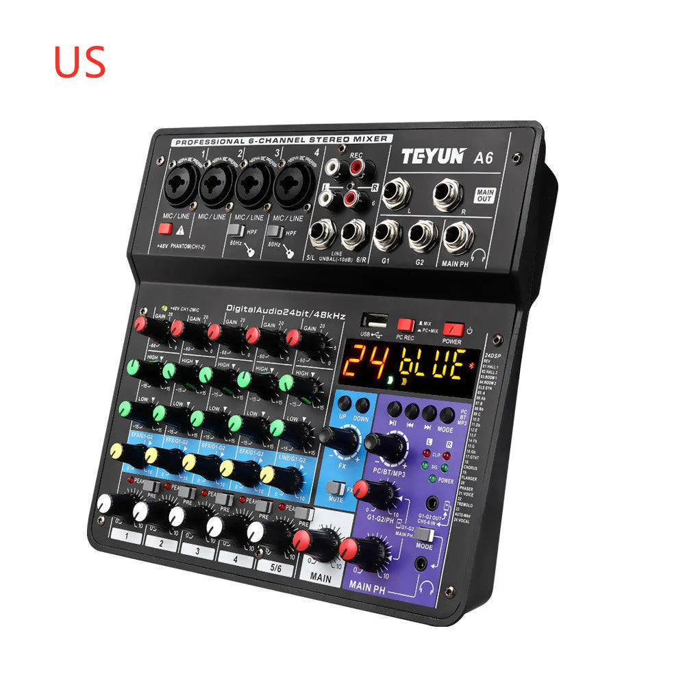 Black metal and ABS Bluetooth sound card mixer with 4 mic inputs, USB audio and phantom power