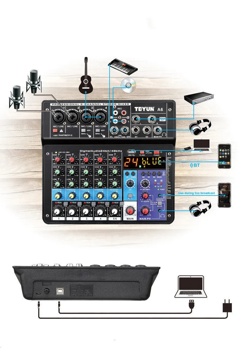 Black metal and ABS Bluetooth sound card mixer with 4 mic inputs, USB audio and phantom power