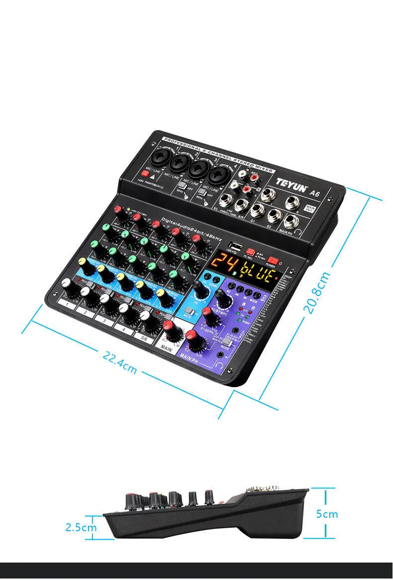 Black metal and ABS Bluetooth sound card mixer with 4 mic inputs, USB audio and phantom power
