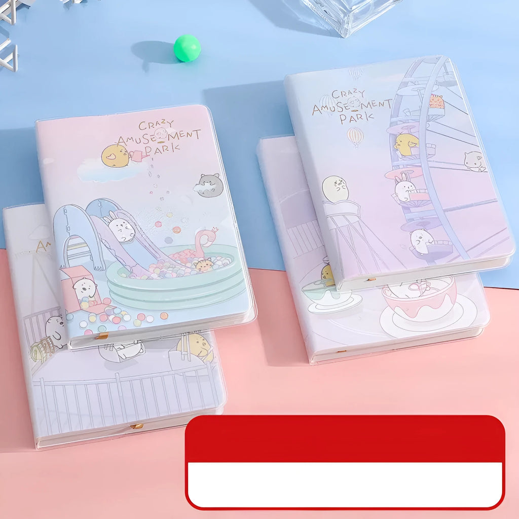 Waterproof A6 notepad diary with amusement park design, thread binding, and plastic sleeve