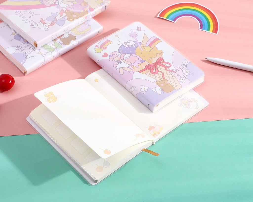 Waterproof A6 notepad diary with amusement park design, thread binding, and plastic sleeve