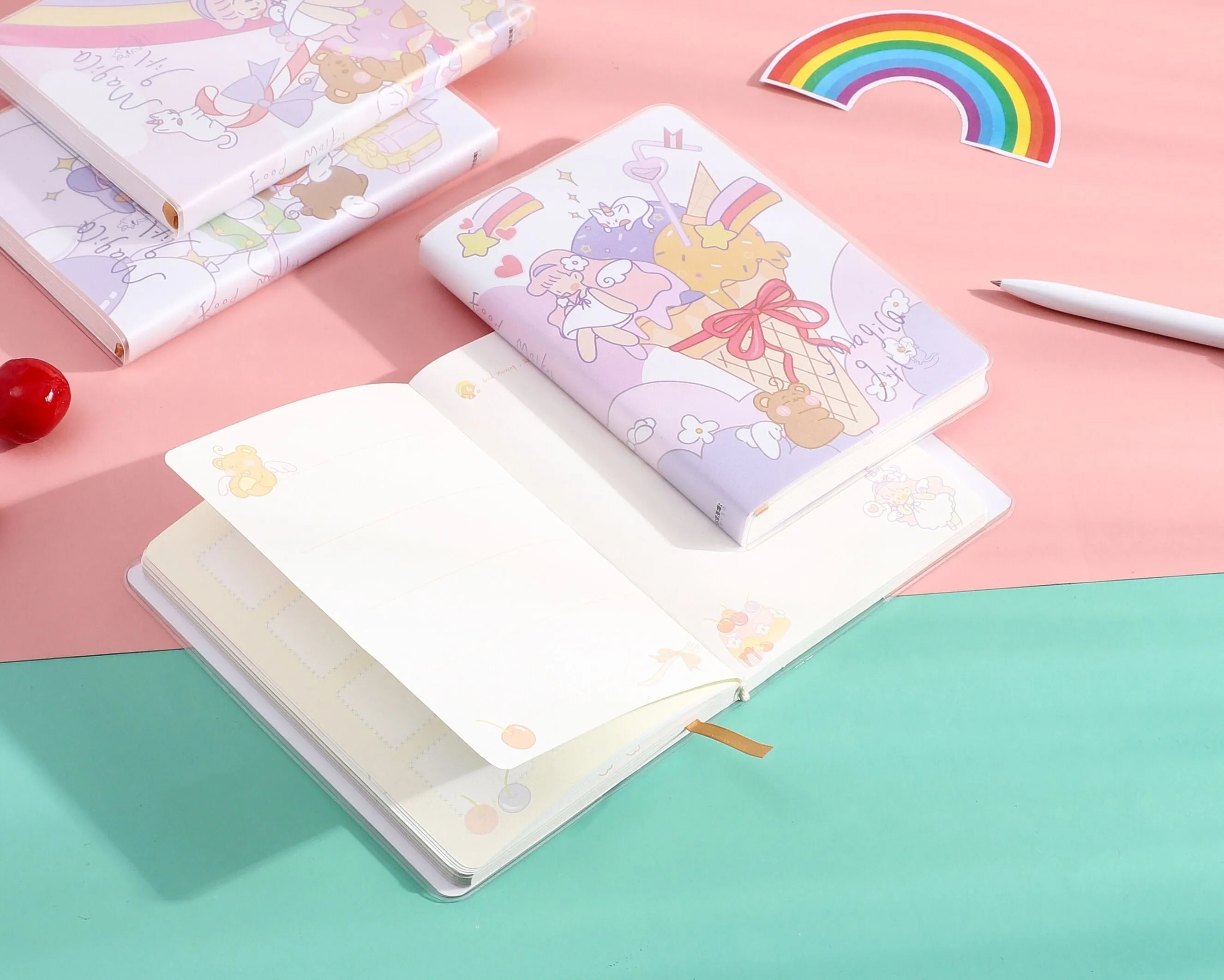Waterproof A6 notepad diary with amusement park design, thread binding, and plastic sleeve