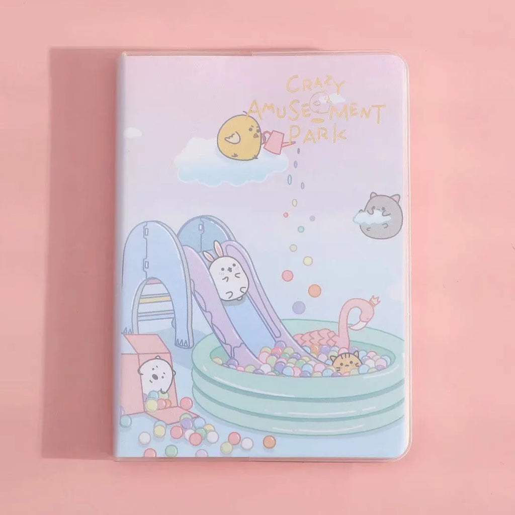 Waterproof A6 notepad diary with amusement park design, thread binding, and plastic sleeve