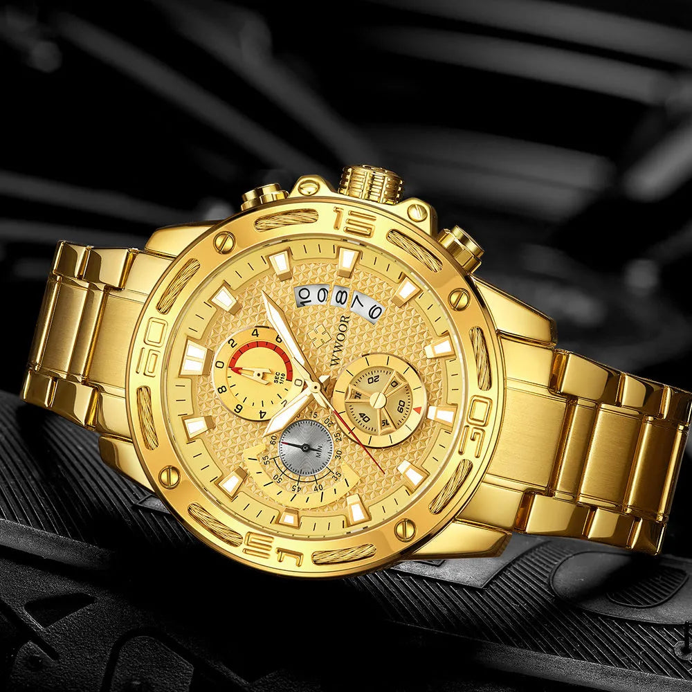 WWOOR gold men's quartz watch with stainless steel strap, chronograph dial, luminous hands, and date window