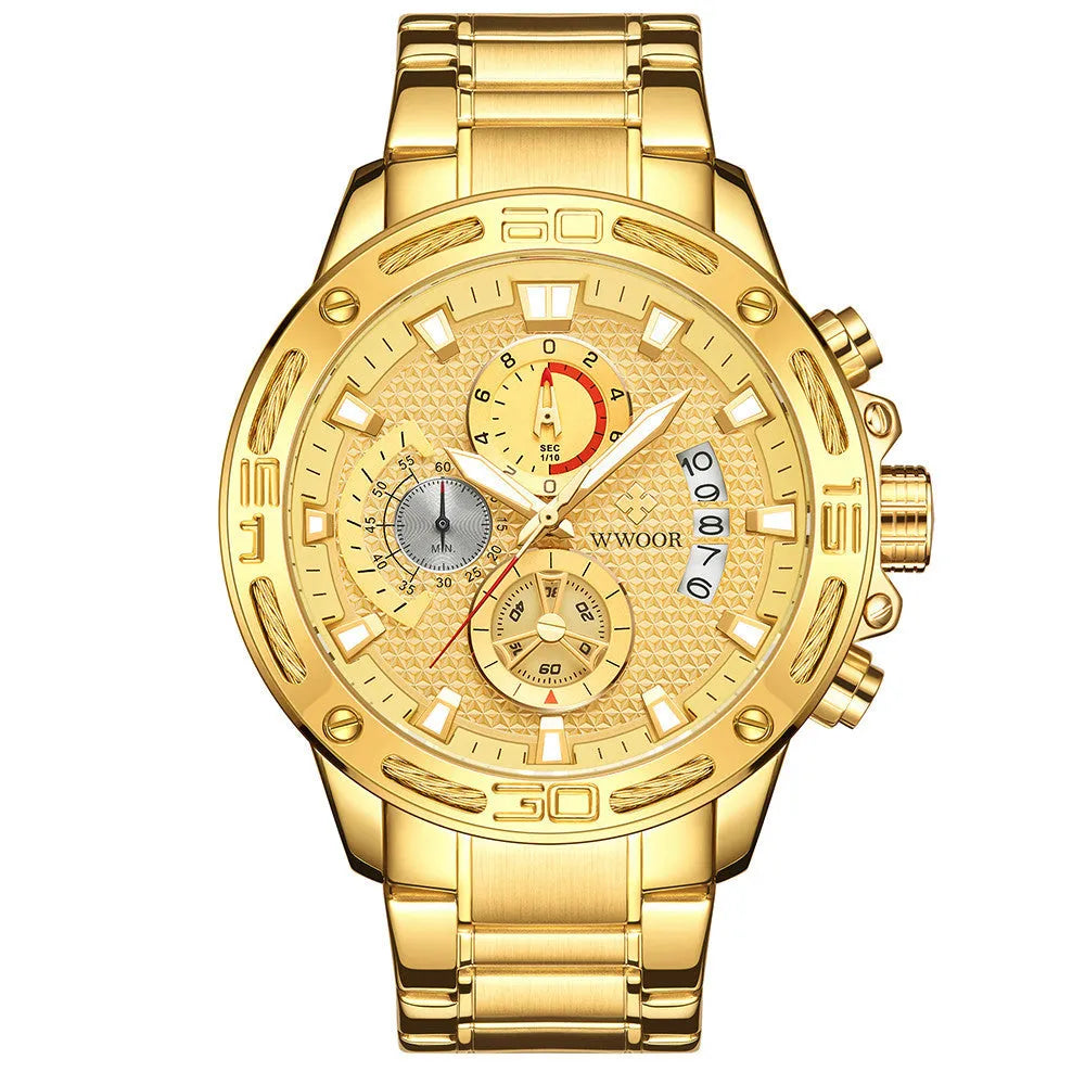 WWOOR gold men's quartz watch with stainless steel strap, chronograph dial, luminous hands, and date window