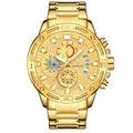 WWOOR gold men's quartz watch with stainless steel strap, chronograph dial, luminous hands, and date window