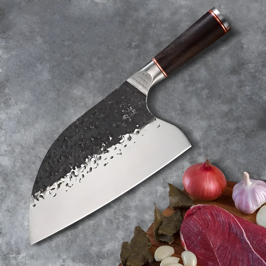 Stainless steel kitchen knife with ebony wood handle for cutting meat and bones.