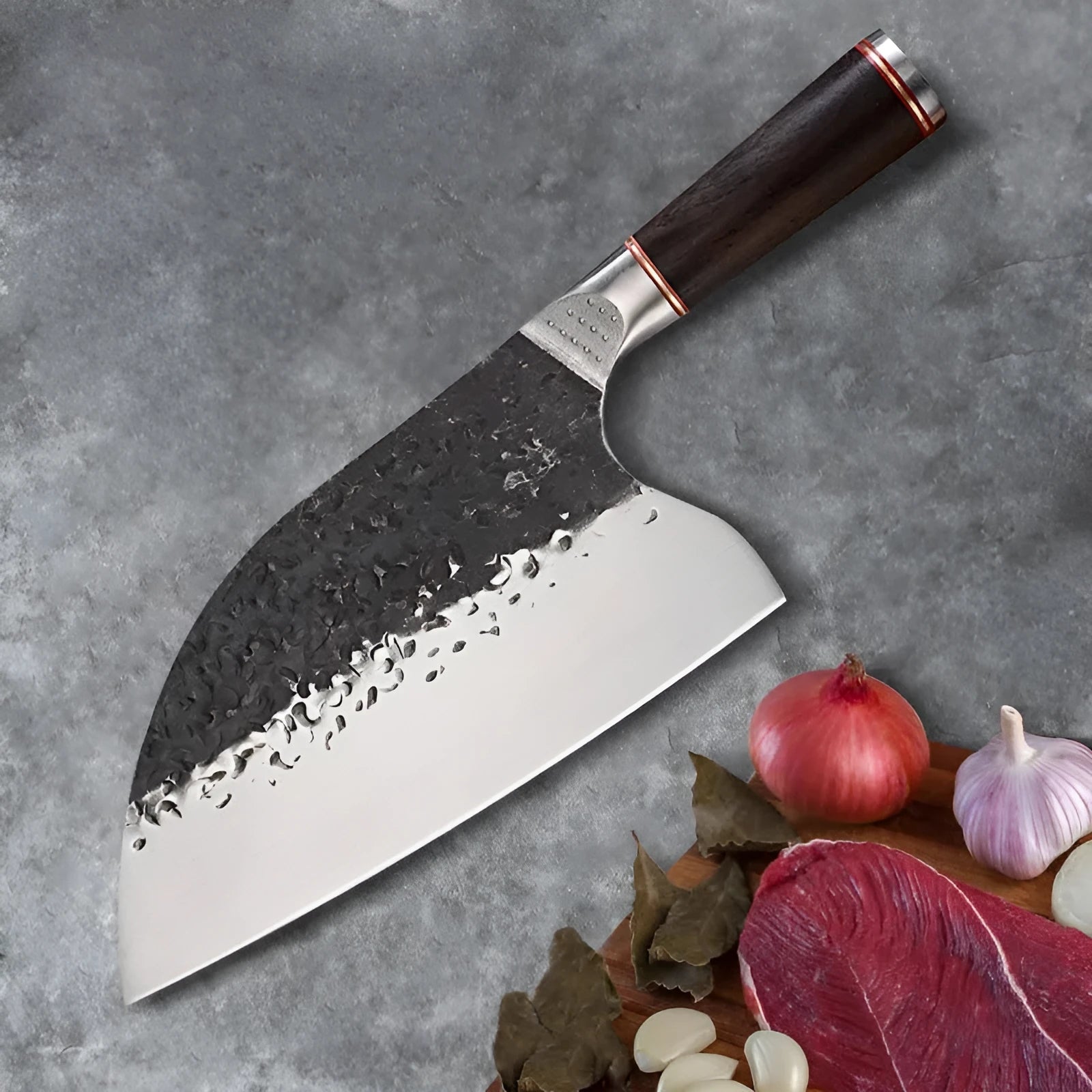Stainless steel kitchen knife with ebony wood handle for cutting meat and bones.