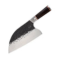 Stainless steel kitchen knife with ebony wood handle for cutting meat and bones.