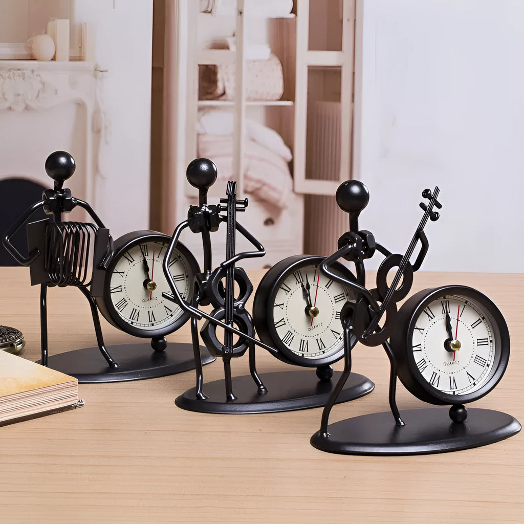 Iron desk alarm clock with cello musical instrument design, metal dial, compact size