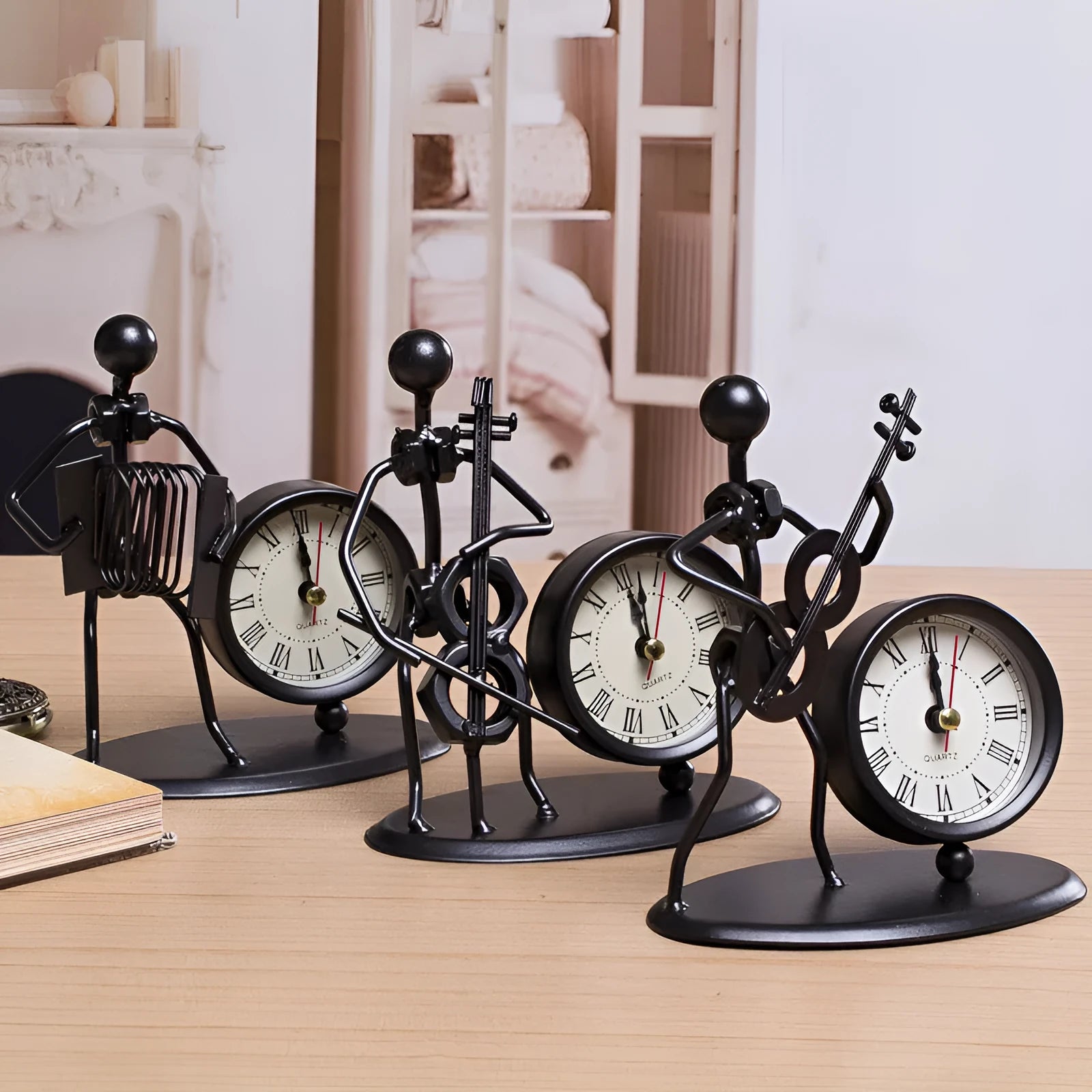 Iron desk alarm clock with cello musical instrument design, metal dial, compact size