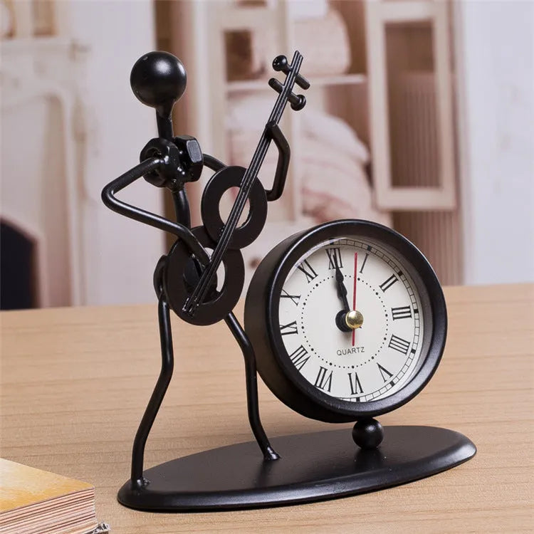 Iron desk alarm clock with cello musical instrument design, metal dial, compact size