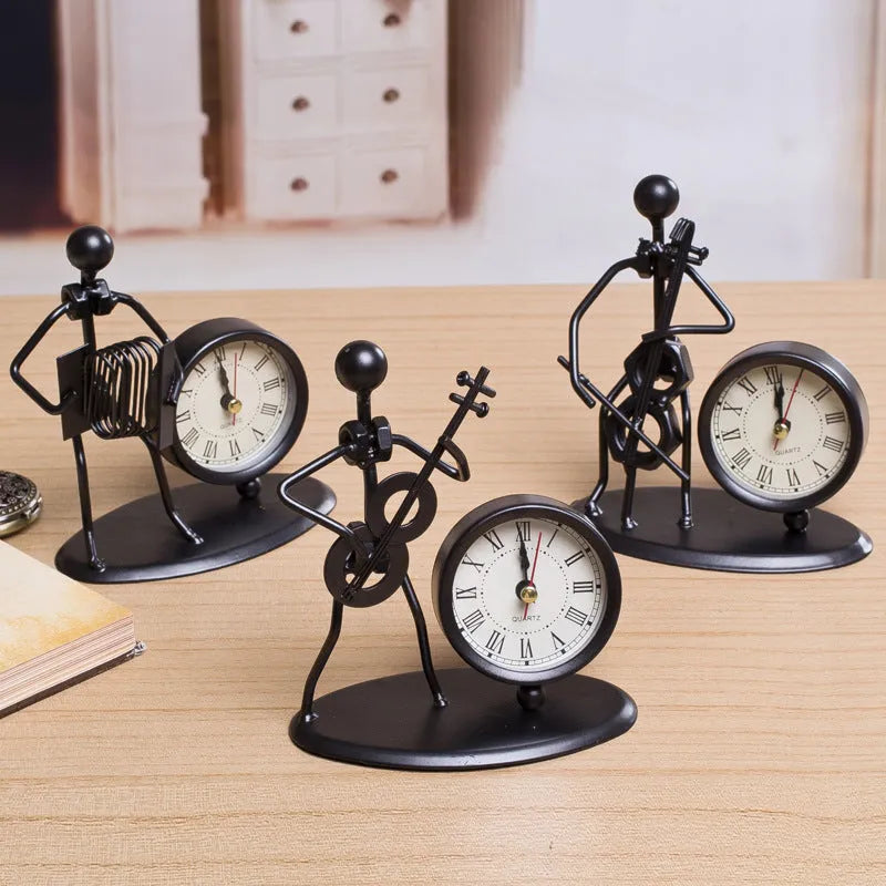 Iron desk alarm clock with cello musical instrument design, metal dial, compact size