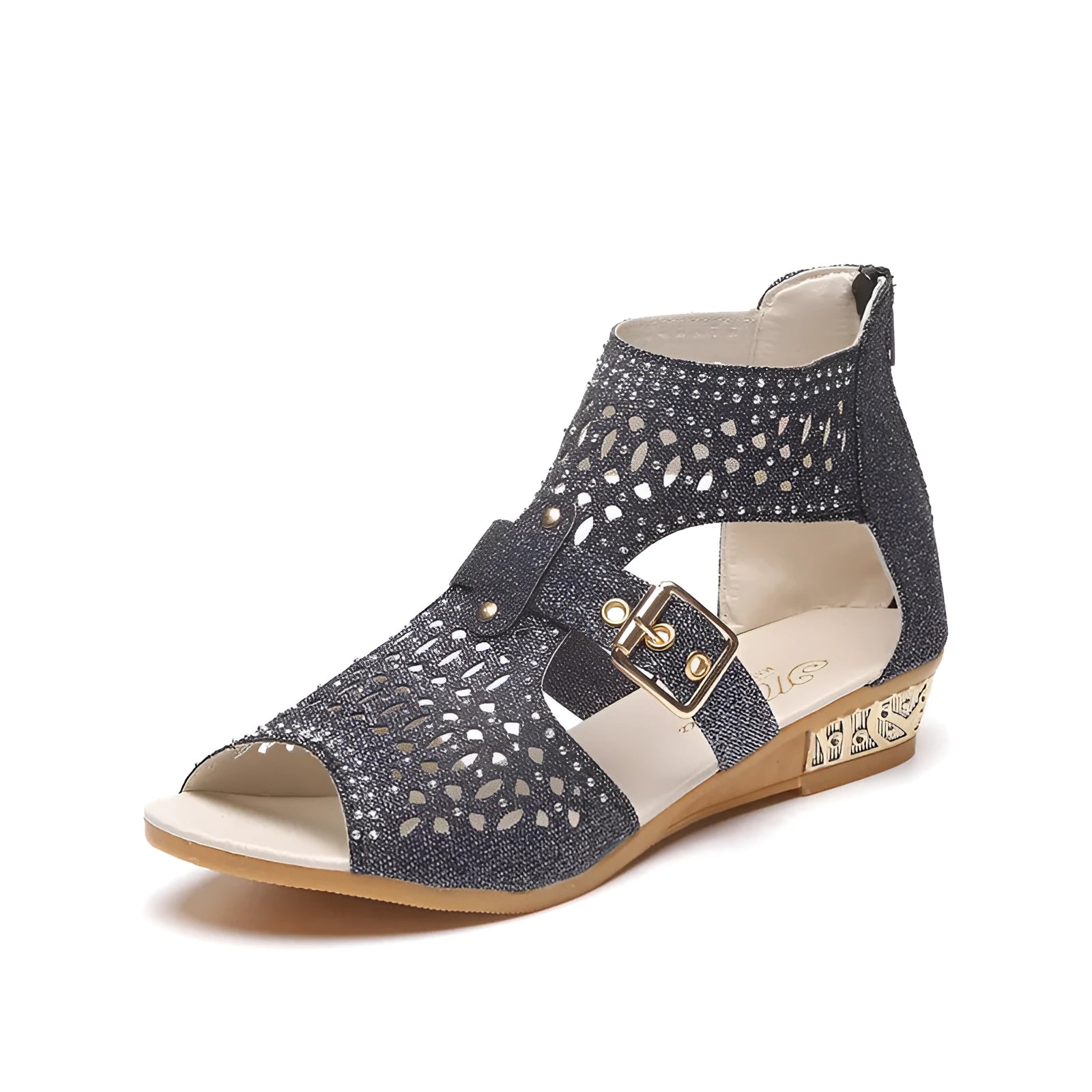 Beige women's flat sandals with a back zipper, fish mouth toe, and low wedge heel on a white background.