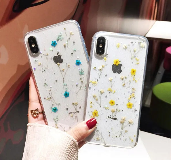 Handmade dried flower epoxy phone case with real flower specimens, TPU back cover, polka dots, Green Pink Purple Yellow