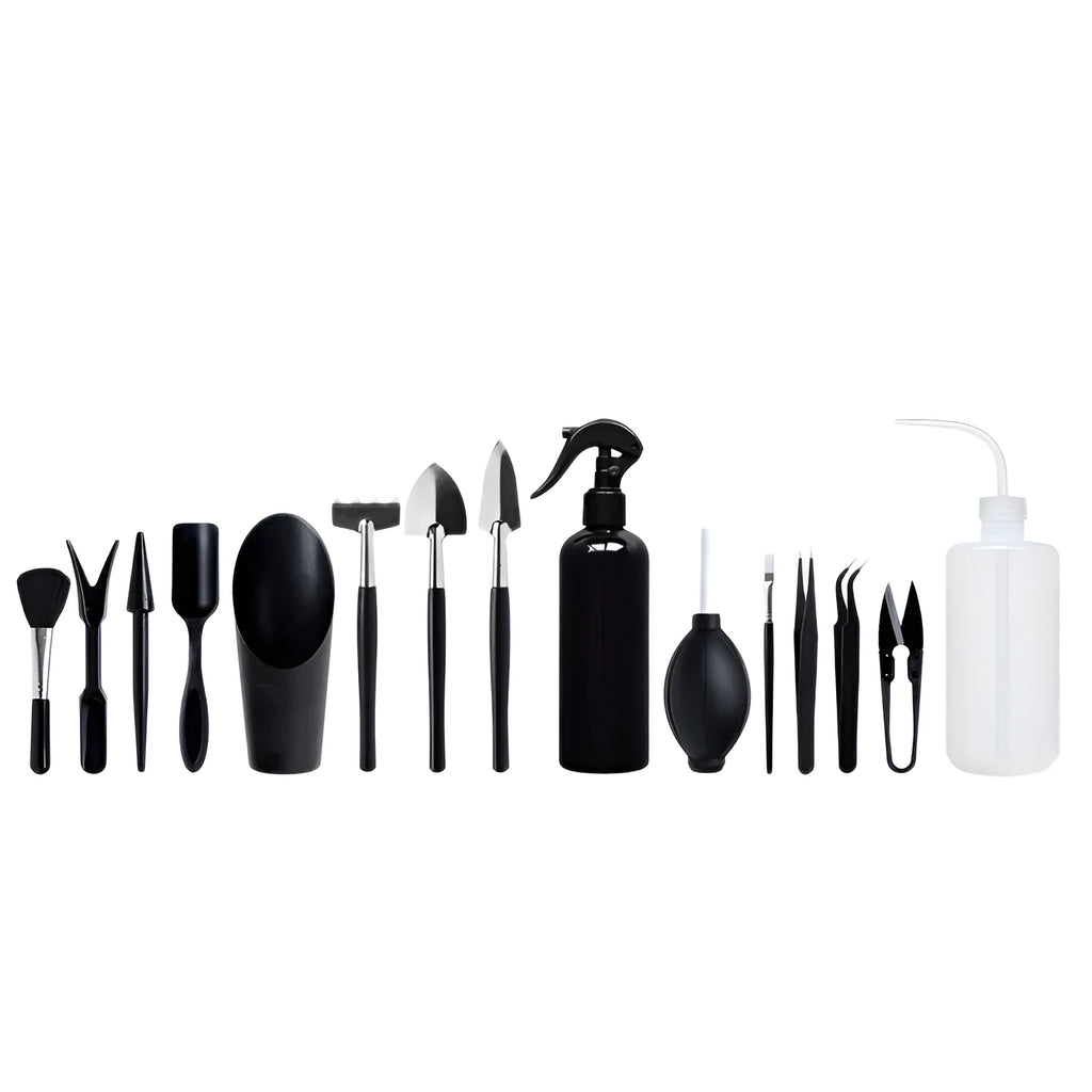 Black plastic and metal mini garden tool set with 16 pieces including small shovel, tweezers, scissors, and a grey kneeling cushion.