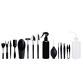 Black plastic and metal mini garden tool set with 16 pieces including small shovel, tweezers, scissors, and a grey kneeling cushion.