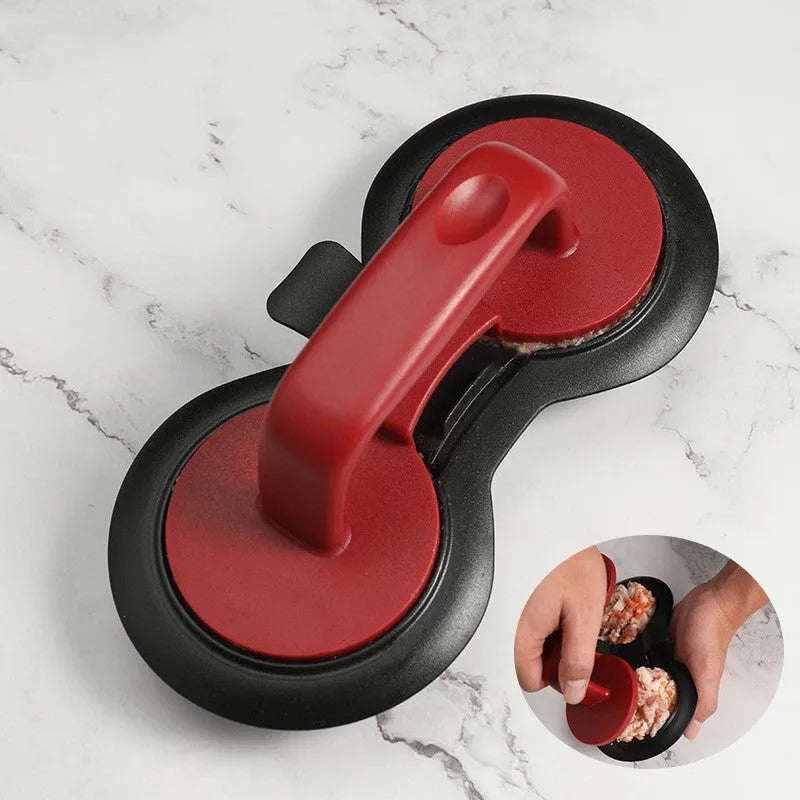 Black and red food-grade ABS plastic burger press with non-stick round moulds.