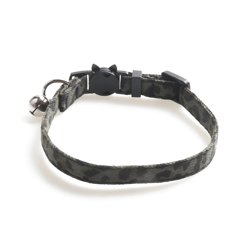 Cloth cat collar with bell, 1.0 by 28 cm, shown in brown, green and pink colour options