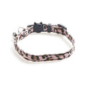 Cloth cat collar with bell, 1.0 by 28 cm, shown in brown, green and pink colour options