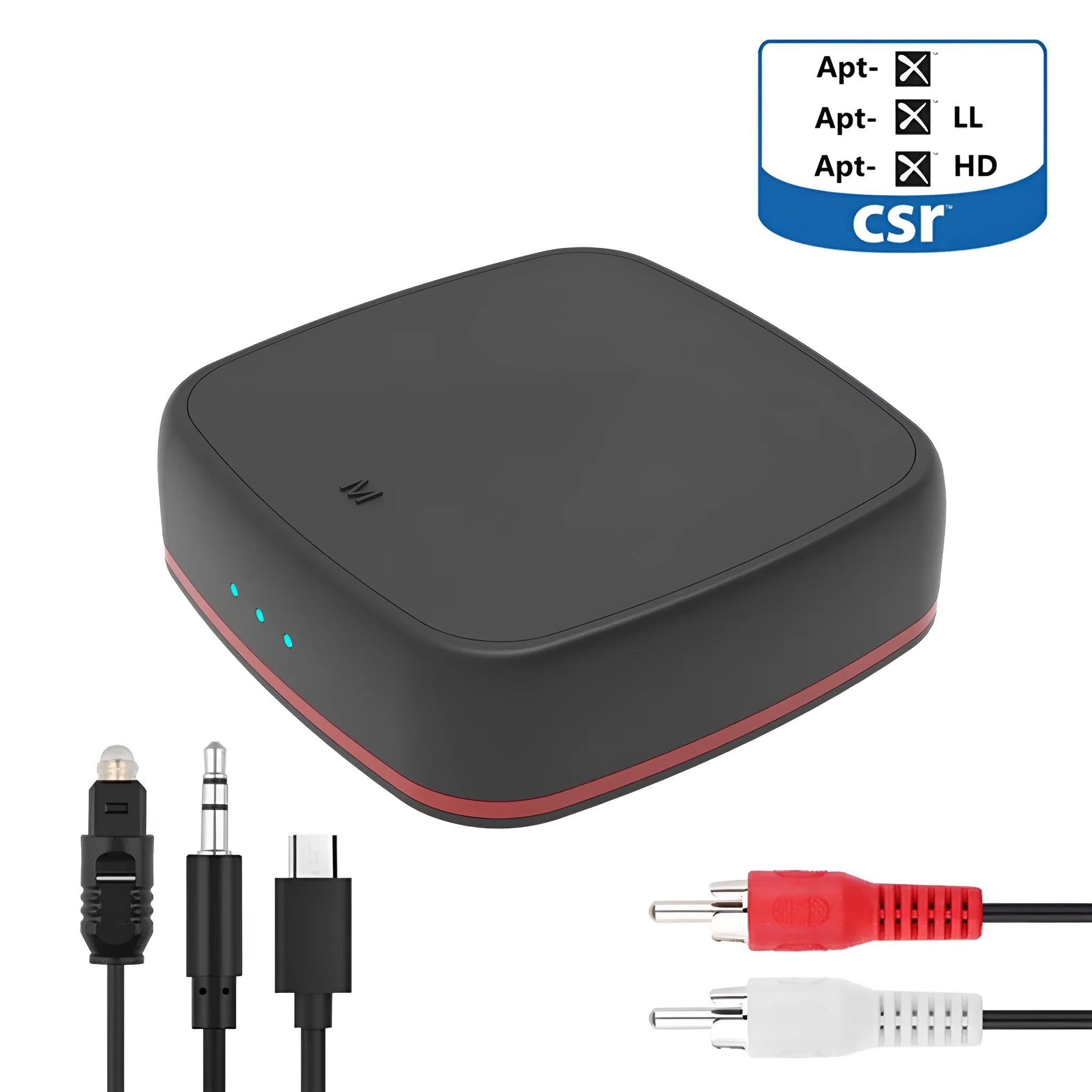 Black Bluetooth 5.0 audio adapter with CSR8675 chip for optical SPDIF and AUX connections.