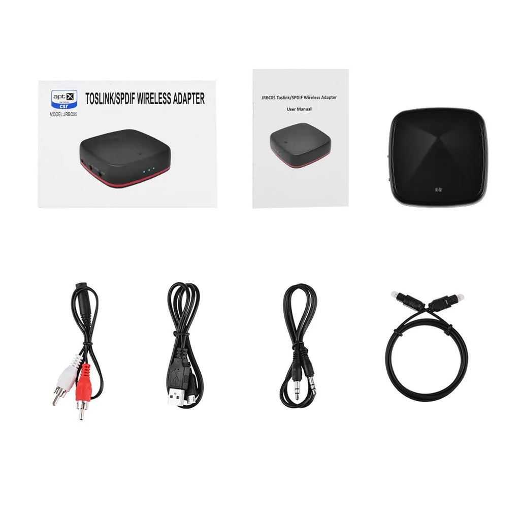 Black Bluetooth 5.0 audio adapter with CSR8675 chip for optical SPDIF and AUX connections.