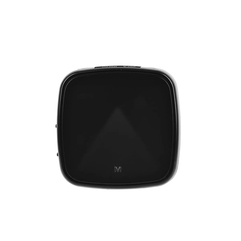 Black Bluetooth 5.0 audio adapter with CSR8675 chip for optical SPDIF and AUX connections.
