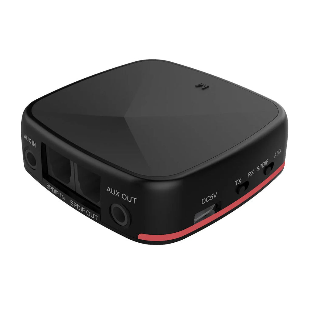 Black Bluetooth 5.0 audio adapter with CSR8675 chip for optical SPDIF and AUX connections.