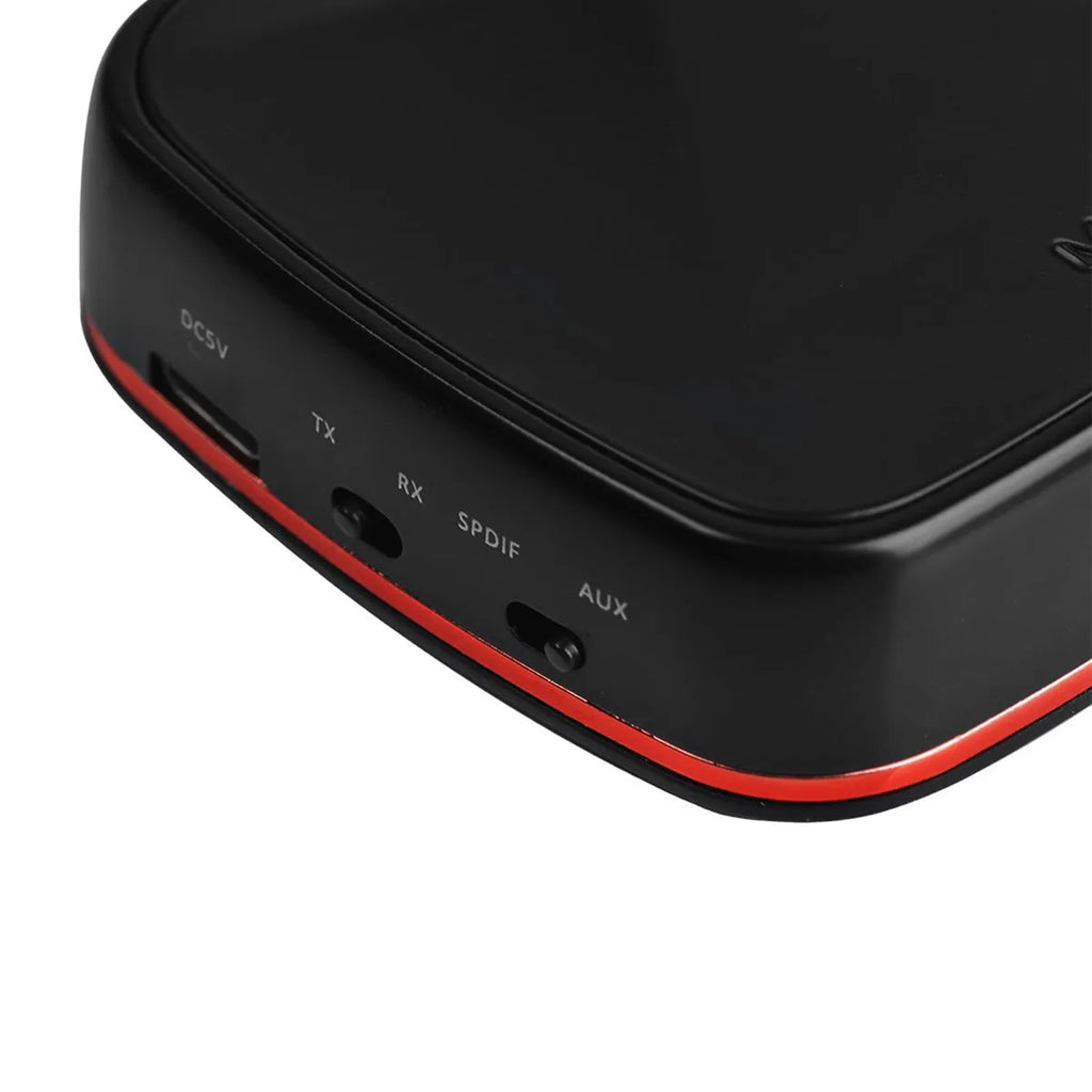 Black Bluetooth 5.0 audio adapter with CSR8675 chip for optical SPDIF and AUX connections.