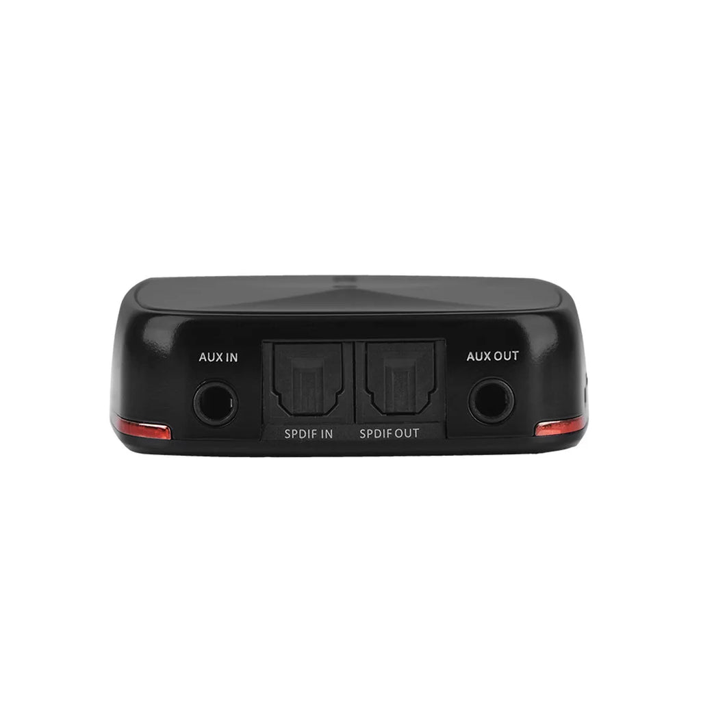 Black Bluetooth 5.0 audio adapter with CSR8675 chip for optical SPDIF and AUX connections.