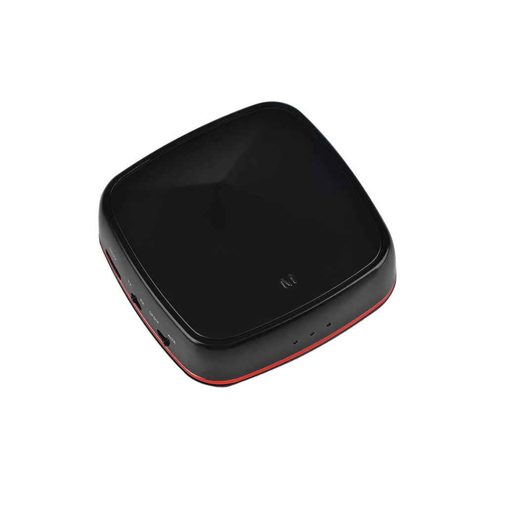 Black Bluetooth 5.0 audio adapter with CSR8675 chip for optical SPDIF and AUX connections.