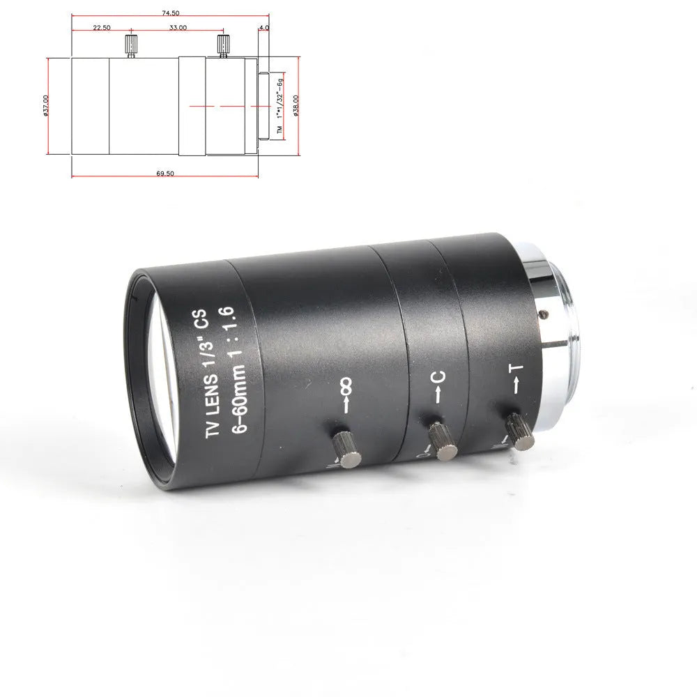 Black 6-60mm manual aperture and focus camera lens with CS mount on a table.