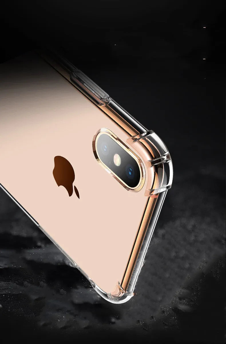 Transparent white shockproof silicone case shown on iPhone displaying clear protection