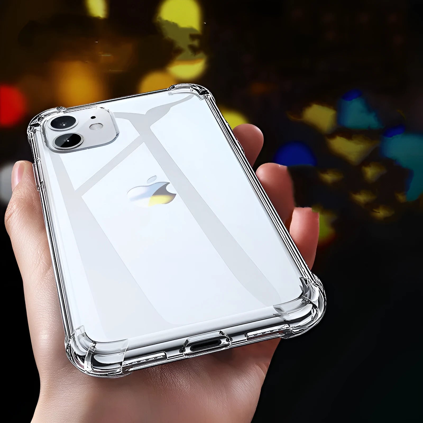 Transparent white shockproof silicone case shown on iPhone displaying clear protection