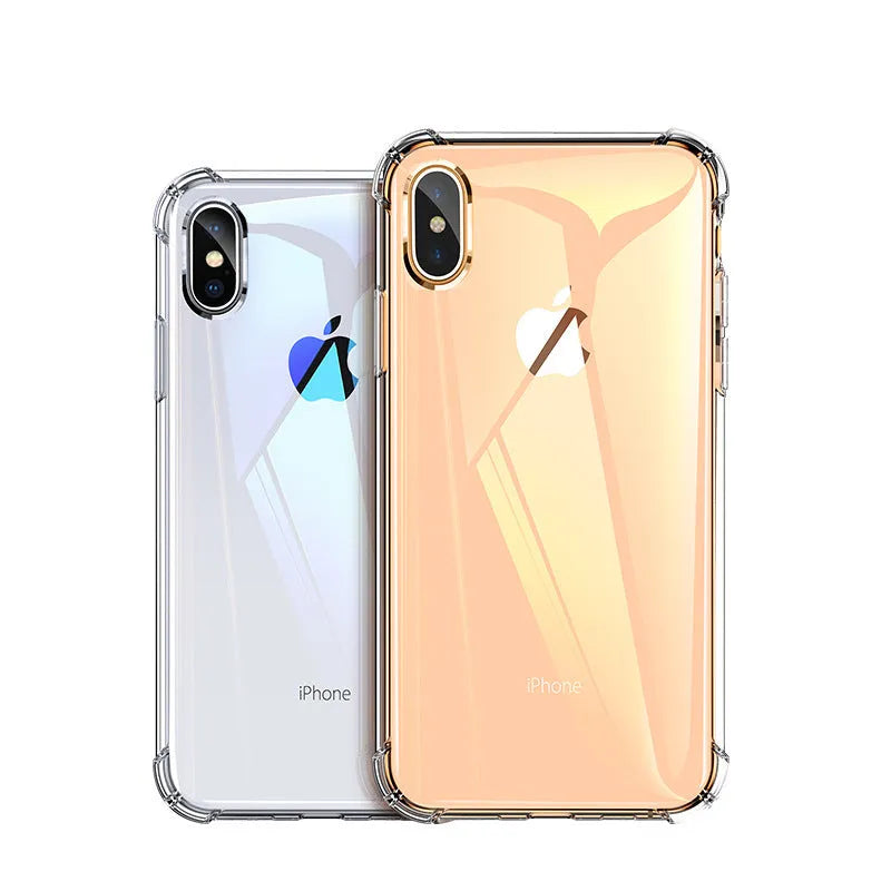 Transparent white shockproof silicone case shown on iPhone displaying clear protection