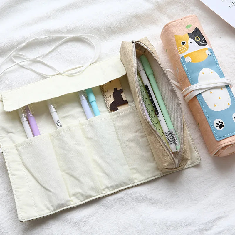 Roll-up pencil case with Korean cartoon cat pattern in blue, green, pink, or yellow.