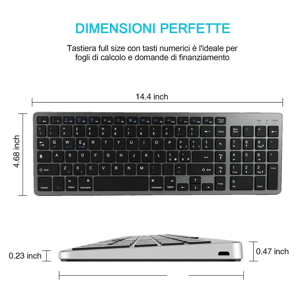 White universal rechargeable Bluetooth keyboard next to a tablet on a desk.