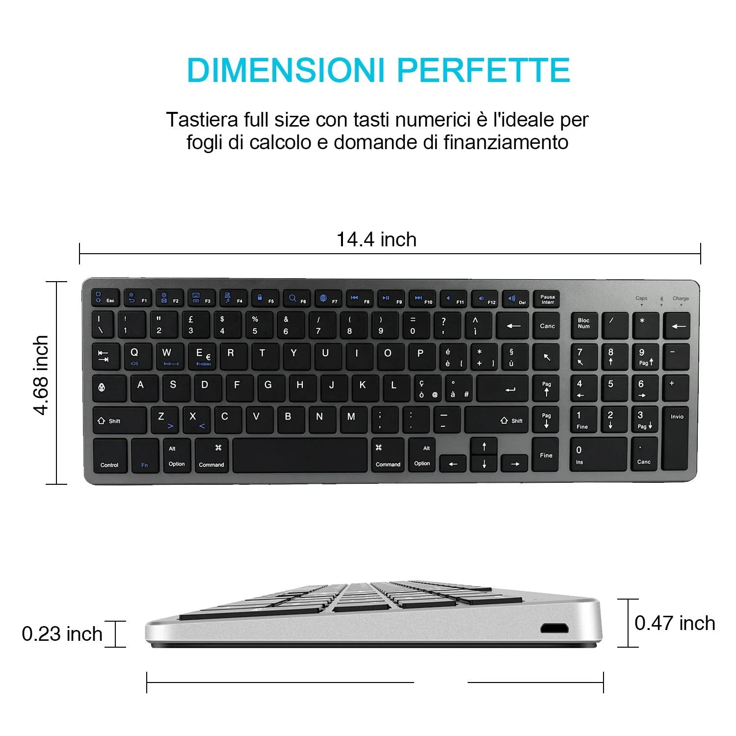 White universal rechargeable Bluetooth keyboard next to a tablet on a desk.